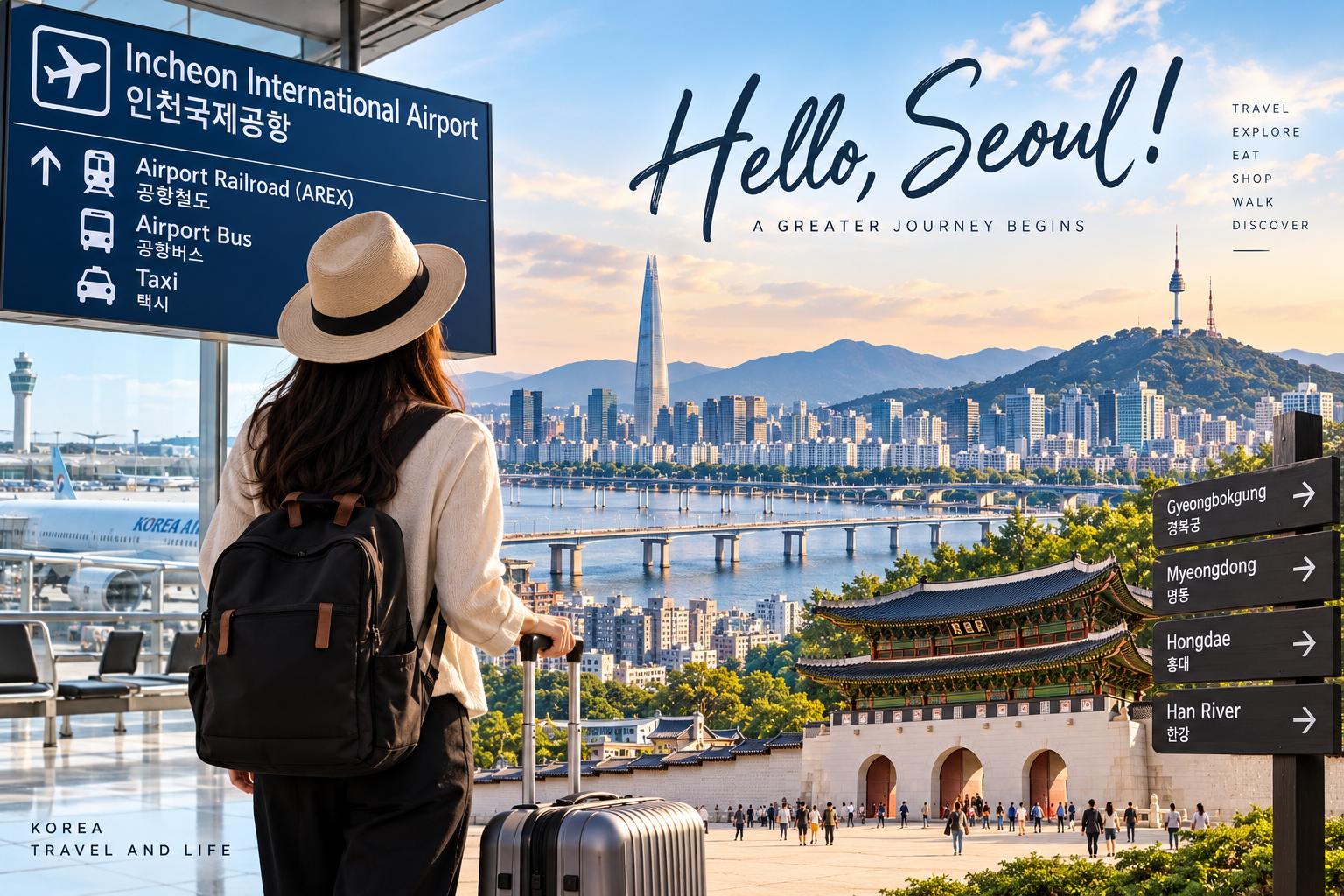 First-time traveler arriving from Incheon International Airport to explore Seoul, including the Han River, palaces and major city attractions.