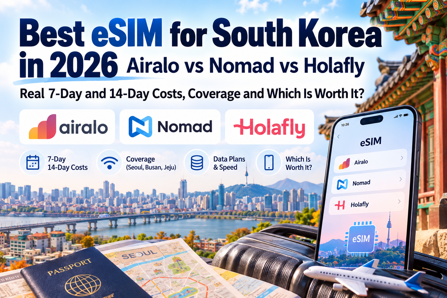 Best eSIM for South Korea in 2026: Airalo vs Nomad vs Holafly, Real 7-Day and 14-Day Costs, Coverage and Which Is Worth It?