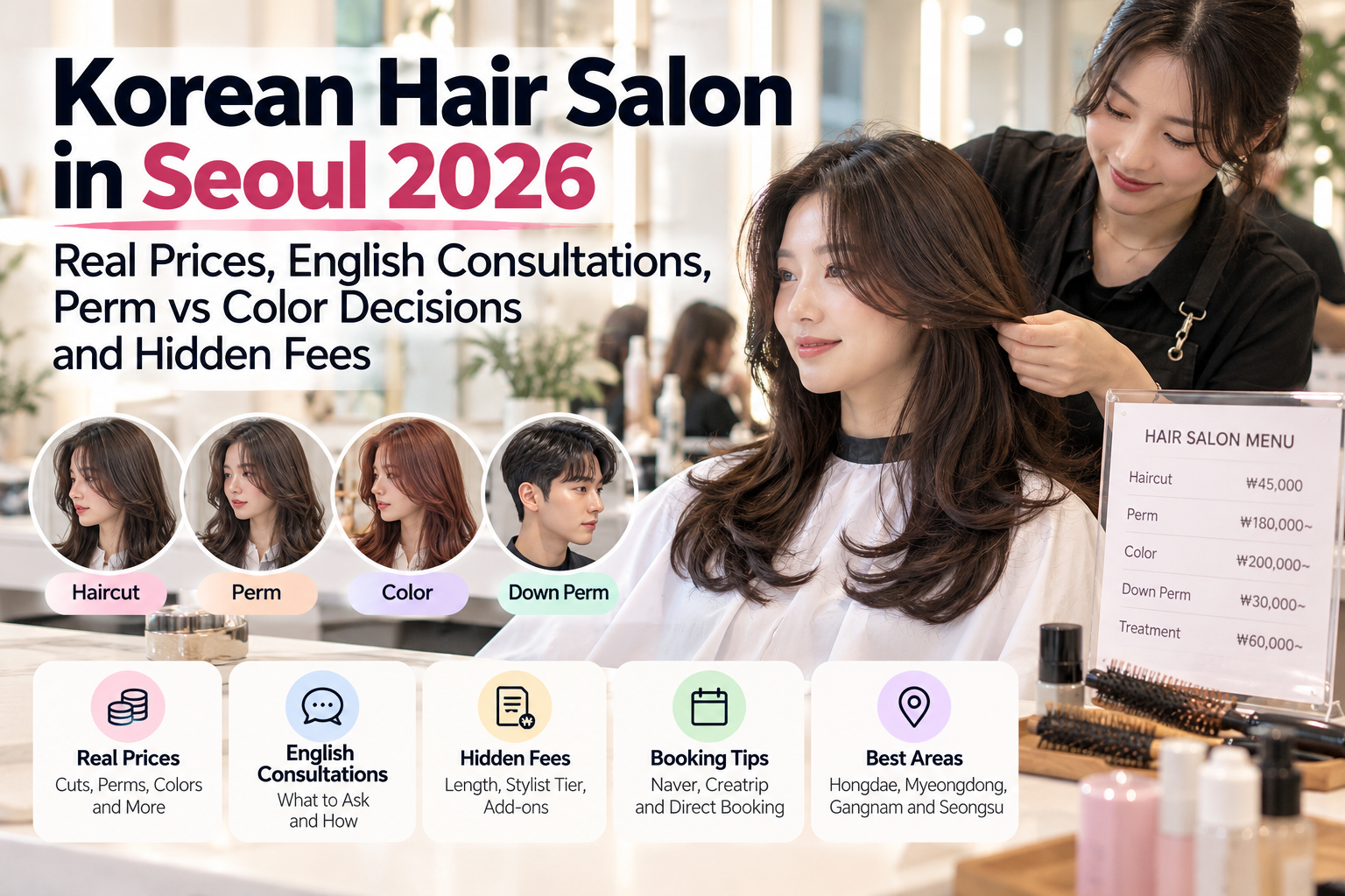 Korean Hair Salon in Seoul 2026: Real Prices, English Consultations, Perm vs Color Decisions and Hidden Fees