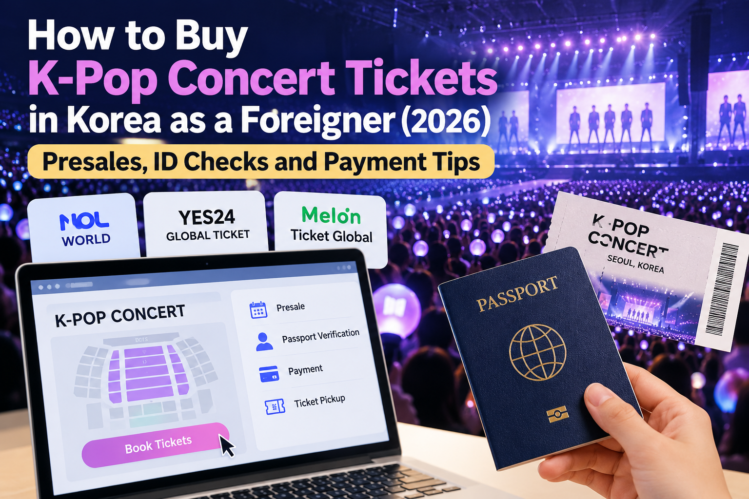 Guide to buying K-pop concert tickets in Korea as a foreigner in 2026, including presales, passport verification and payment tips